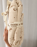Nostalgic moon & back print on a cot sheet for neutral nursery vibes