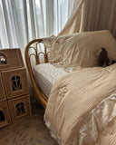 Vintage Rose sheet set in soft cotton muslin featuring romantic floral print in soft blush and cream tones, and vintage-inspired charm for dreamy bedrooms.