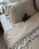 Vintage Rose sheet set in soft cotton muslin paired with oatmeal gingham quilt set. Buttery soft and heirloom inspired